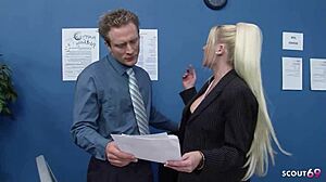 blonde cougar female boss in sexy lingerie and stockings seduce co-worker to risky office fuck at his first day
