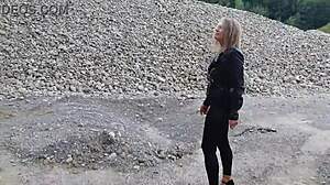 grandma walks gravel pit in tight leggings and heels