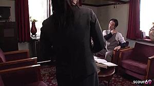 japanese secretary gives old boss sloppy titjob and swallows 😏