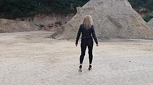 grandma walks gravel pit in tight leggings and heels
