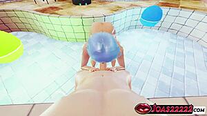 hot anime girl michie licks frenulum in pool then strokes for thick cumshot