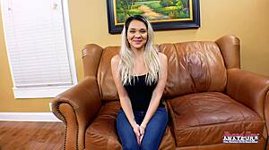 Sabrina spreads legs to highlight hairy pussy and petite frame