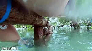 Anal milk enema outdoors in yard