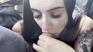 Quick blowjob and swallow happens on the bus