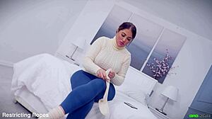Brunette girl next door with huge boobs hogtied bound gagged with tape and totally helpless in her tight bondage bdsm pantyhose encasement ep
