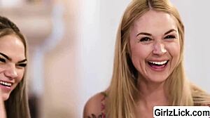 Blonde petite lesbian teens having foursome in slumber party