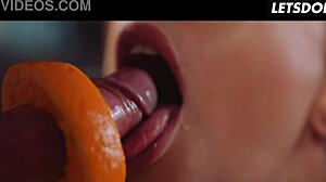 She licks cock with orange in cereal bath