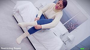 Brunette girl next door with huge boobs hogtied bound gagged with tape and totally helpless in her tight bondage bdsm pantyhose encasement ep