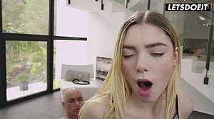 blonde in red lace spread open missionary his fat cock stretches her cunt