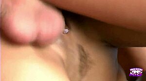 Magnetic brunette hottie with enormous fake knockers fucks her lover outdoors and eats his cum