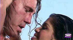 Magnetic brunette hottie with enormous fake knockers fucks her lover outdoors and eats his cum