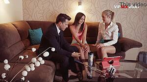 blonde and brunette take turns jerking him off in hot ffm