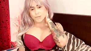 latina shemale masturbates and screams in lingerie