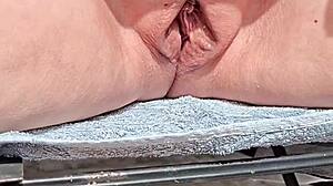 Maturemons horny mature fondles her nips while displaying her big meaty lips