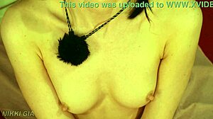 skinny brunette shows her tight shaved pussy