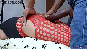 She fucks face down with a giant dildo until her vagina gapes wide