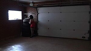 Brunette with juicy ass fucks anal with long dildo in garage