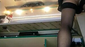 Tall girl shows long legs in miniskirt for cash