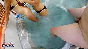 Jamie litton and vicky give brunette coed hot tub handjob tease