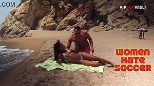 two guys oil down a fit black babe on the beach she loves it